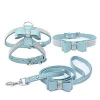 adjustable chest strap with buckle rhinestone soft suede bow pet dog cat harness leather high quality pet collar 3 piece set