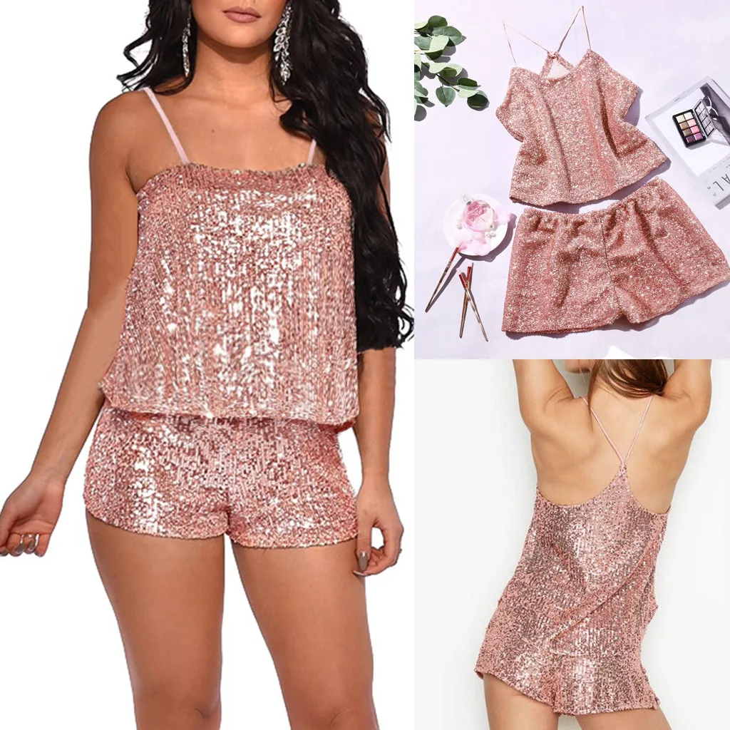 

Women's Pajamas Sexy Strap Sleepwear Sets Fashion Sequins Lace Summer Woman Pijama Sleeveless Lingerie Set Home Suit Pyjamas Hot