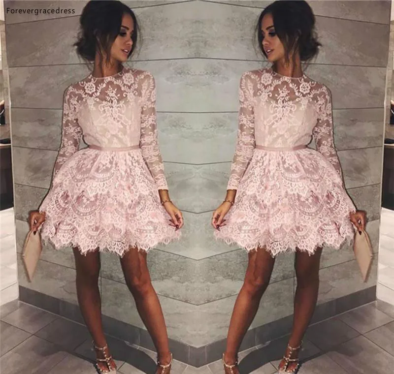2019 дешевое коктейльное платье а силуэта с длинными рукавами кружевное короткое