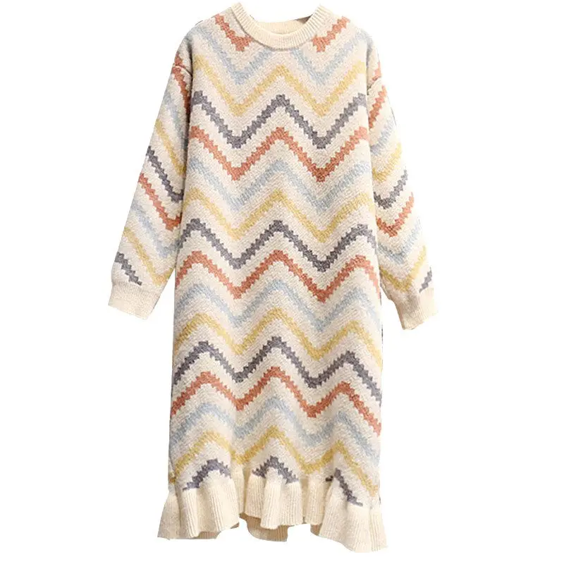 

Long Sweater Dress Over The Knee Loose Korean 2019 New Autumn and Winter Rainbow Striped Knit Dress Female Thick Warm Top dress