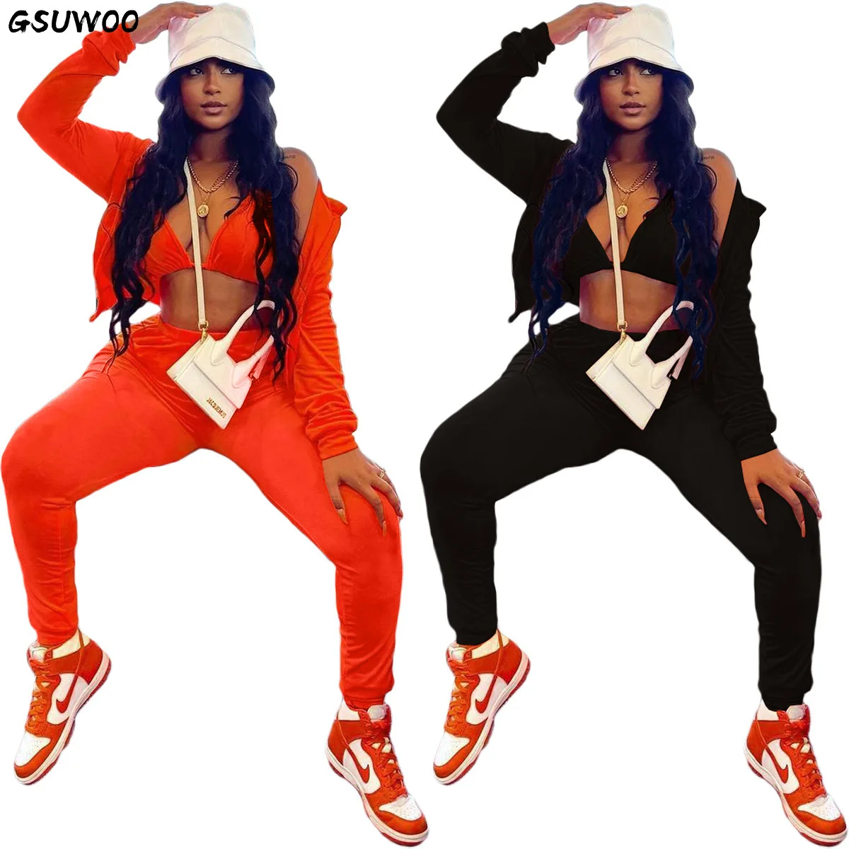 

Женский спортивный костюм Gsuwoo с капюшоном, однотонный спортивный костюм из 3 предметов, куртка на молнии с длинным рукавом + бюстгальтеры + И...