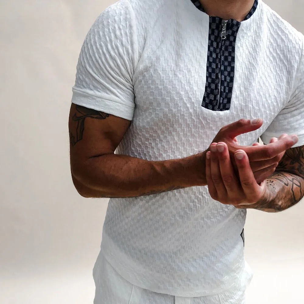 

Nice Western Style Spring Summer Pop Solid Color Zipper POLO Shirt Knitting Jacquard Round Neck Summer T-shirt