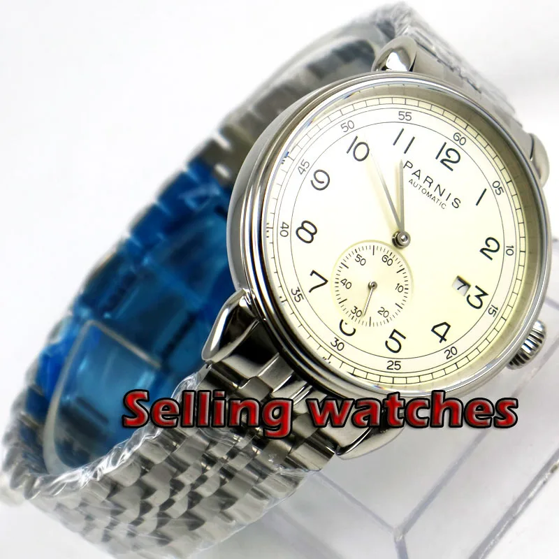 42 мм PARNIS бежевый циферблат индикатор Даты ремешок из нержавеющей стали