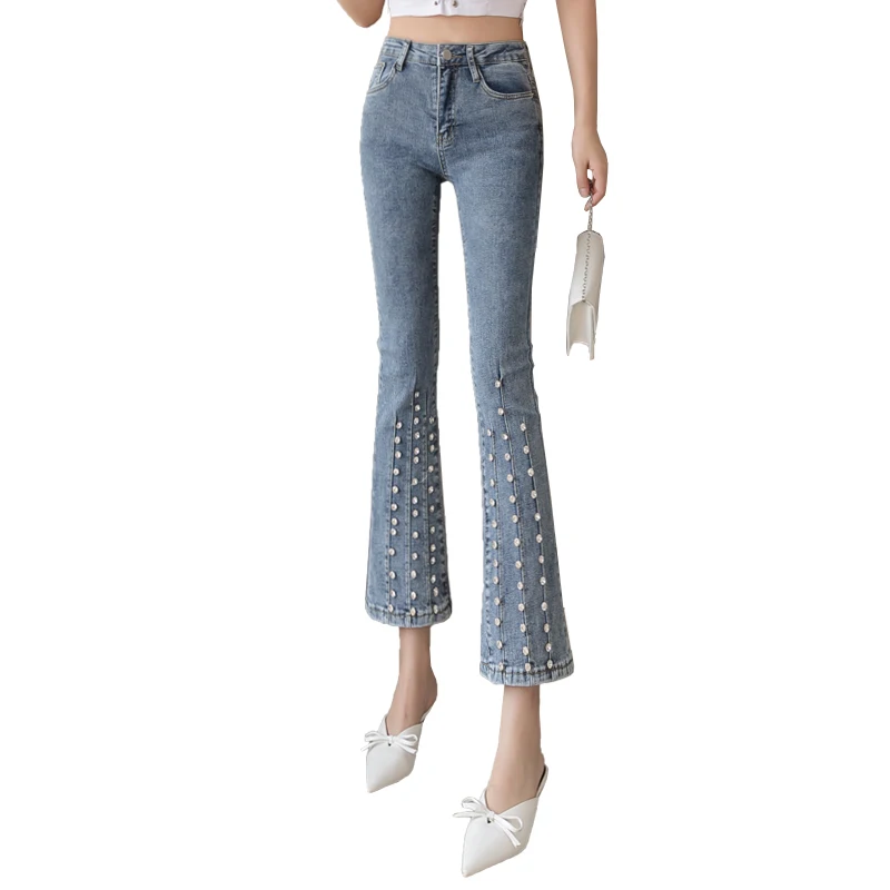 

2020 Heavy Industry Rhinestone Jeans Women Diamond Set Shiny Bell-bottom Pants Women's High Waist Slimming Trousers Streetwear