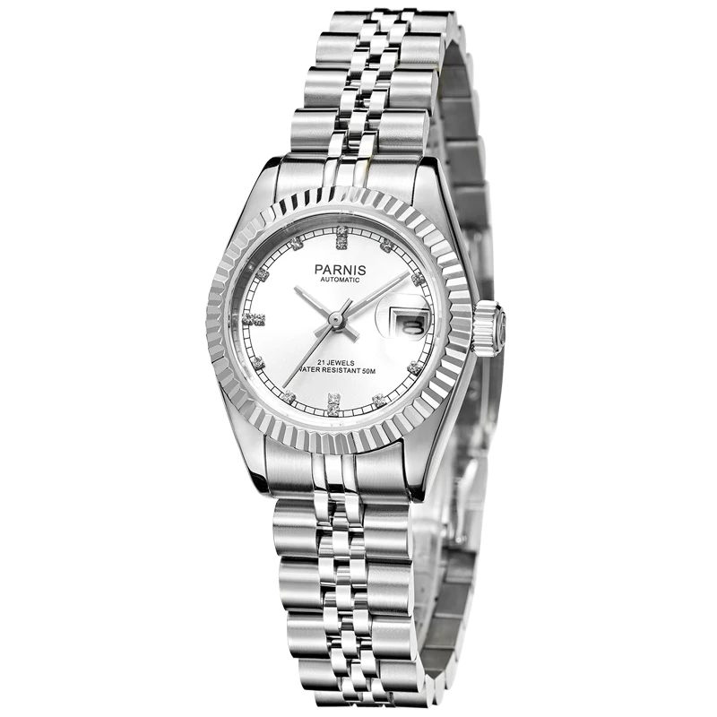 Роскошные часы Parnis 26 м с серебряным циферблатом oyster ободок автоматический 21 Jewels