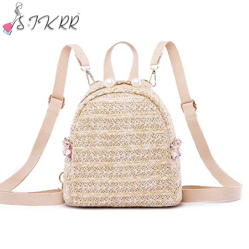 

S.IKRR Women Woven Backpack School Rattan Bag Student School Bags For Teenage Girls Summer Beach Bag Travel Mini Backpack Sac