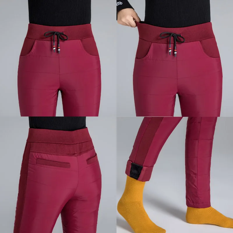 Зимние уличные женские пуховые брюки с высокой талией толстые однотонные штаны