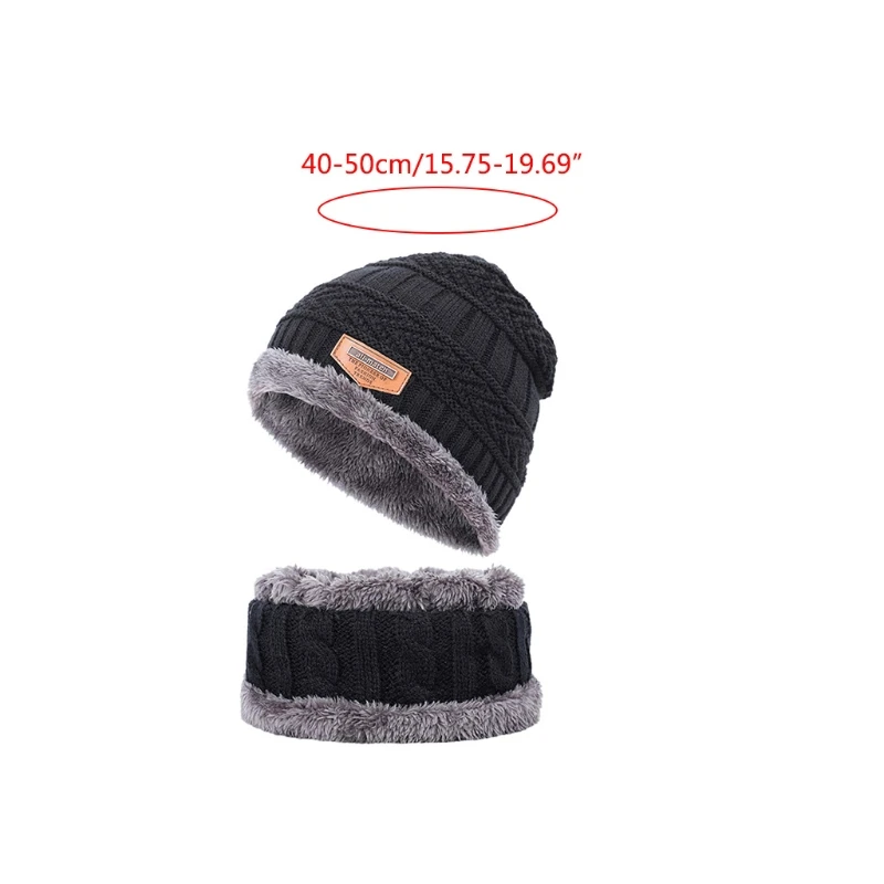 

Kids Winter 2Pcs Beanie Hat Circle Scarf Set Faux Leather Label Crochet Knit Plush Lined Slouchy Skull Cap Neck Warmer