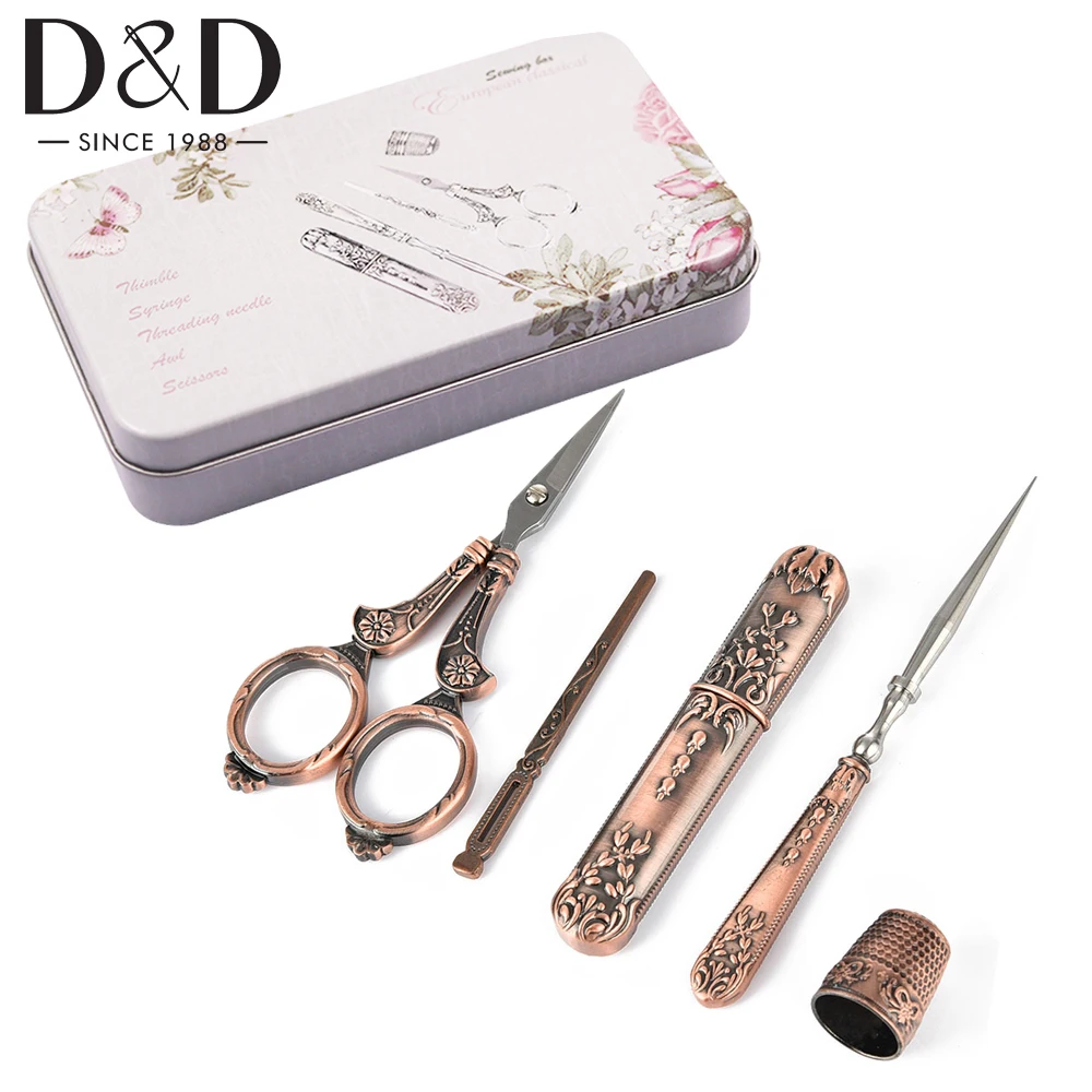 

5pcs/set Embroidery Sewing Scissors Vintage Scissors Set with Needle Storage Tube Awl Needle Thread Thimble Sewing Supplies