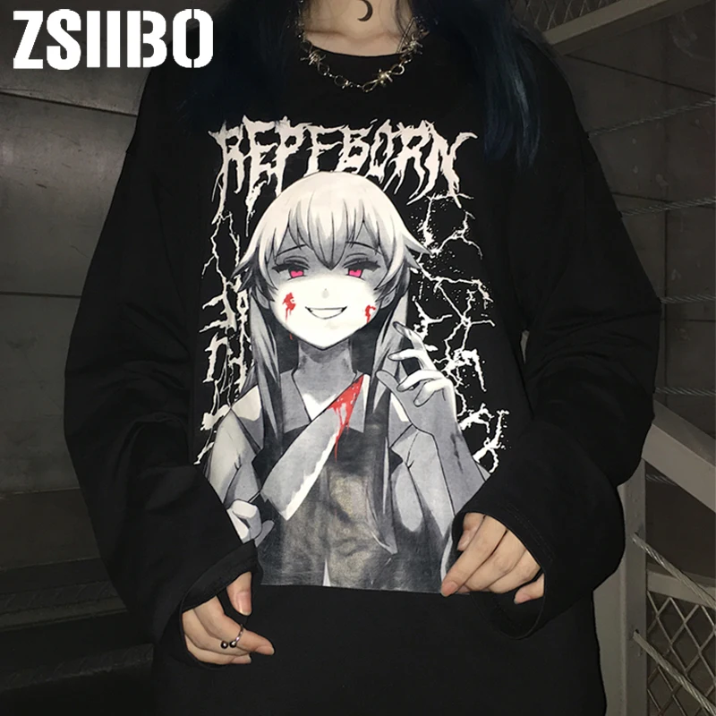 Женская готическая толстовка с круглым вырезом Ulzzang Tumblr Kawaii Повседневная