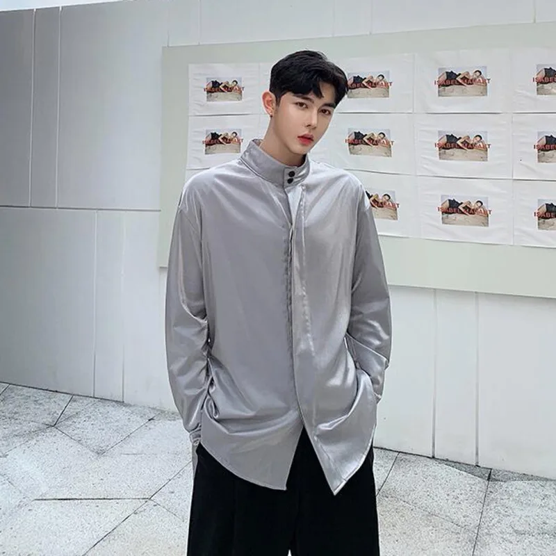 Мужские свободные повседневные однотонные рубашки с длинными рукавами для