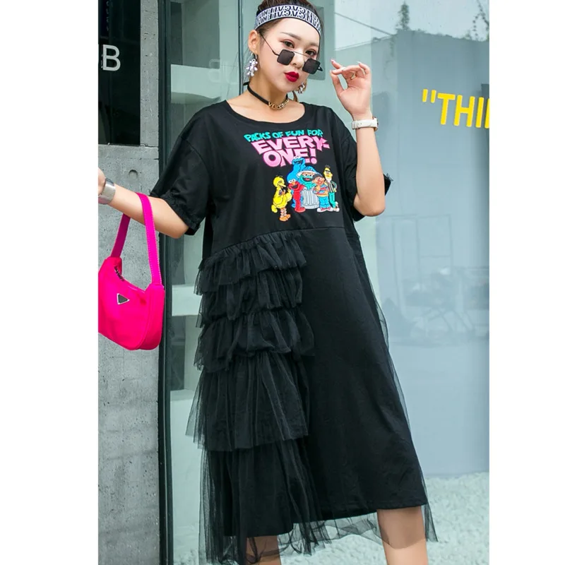 Женское платье с коротким рукавом QING MO летнее Сетчатое большого размера принтом