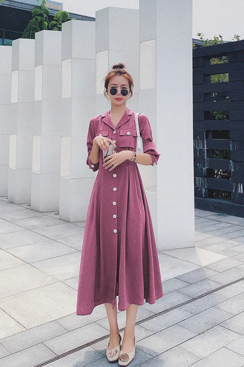 

Women Long Sleeve Single Breasted Shirt Dress Spring Autumn Female Elegant Korean Slim Casual Solid Color Long Dresses