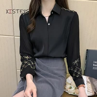 embroidered black chiffon blouses women 2021 ladies professional shirts female 2021 spring loose office work wear tops clothes