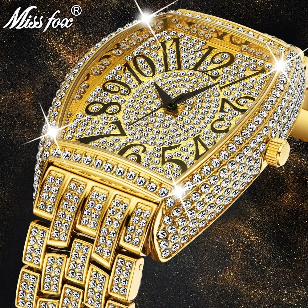 

MISSFOX Design Watch Men 2020 Luxury Unique Tonneau Big Diamond Roman Numerber Men's Quartz Wristwatches Waterproof Clock Gift