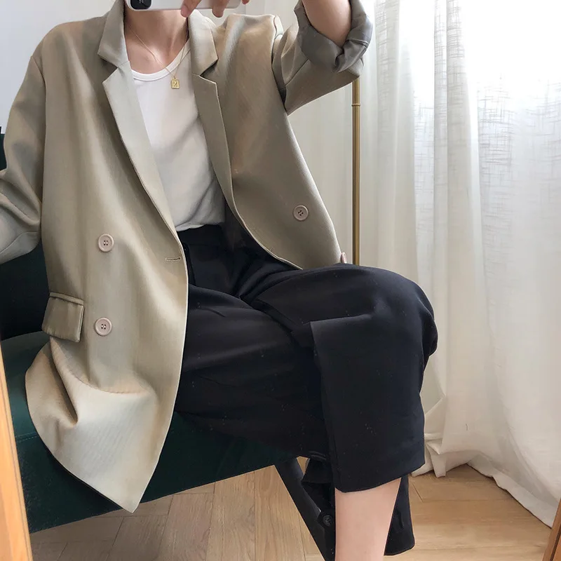 

Autumn Winter Women Black Blazers And Jackets Vintage Khaki Loose Womens Blazers Long Sleeve Coat