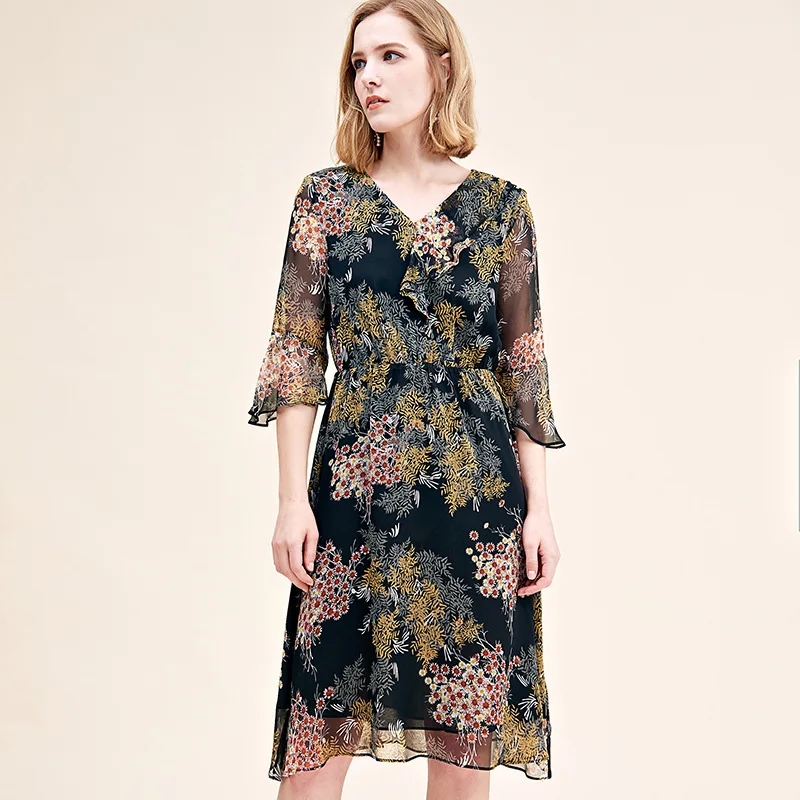 Темно синее шифоновое желтый шелка с цветочным рисунком платья для женщин 2020