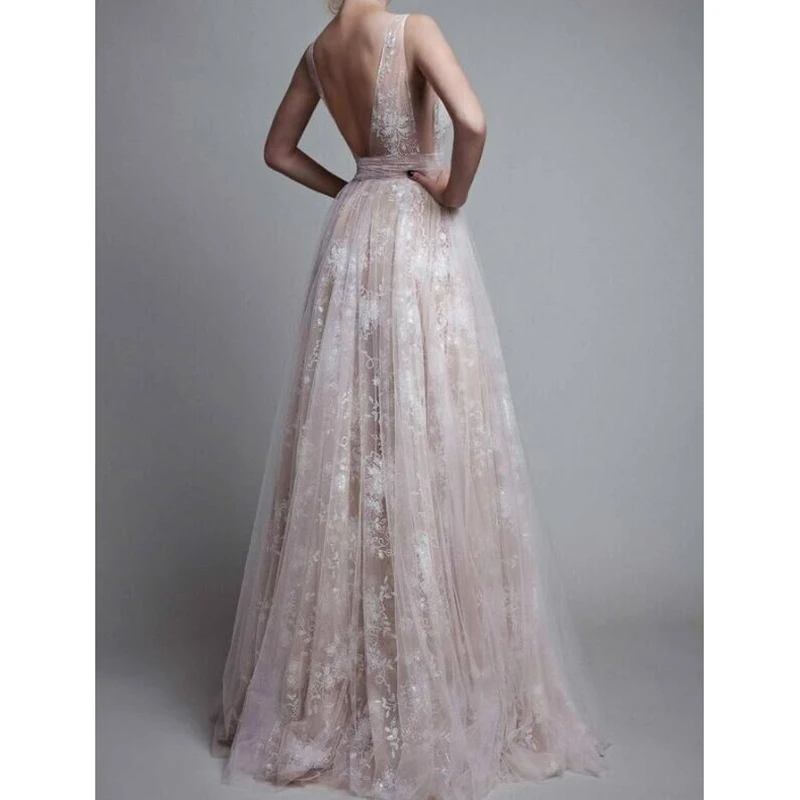 

Sexy Deep V-Neck Lace Sleeveless Sleeping Dress Evening Princess Long Nightdress Women Embroidery Nightgowns CQ795