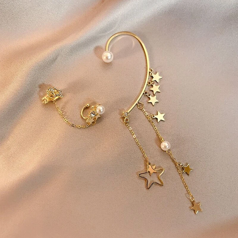 2022 Vintage Asymmetric Pearl Star Tassel Clip Earrings For Women Long Rhinestone Stars Earrings Ear Cuff Clip Trendy Jewelry