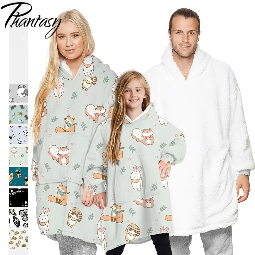 

Phantasy 2021 Cute Blanket Pajama Butterfly Printed Hooded Nightgown Family Home Warm Parent-Child Sleepwear Two Sides Top Robes