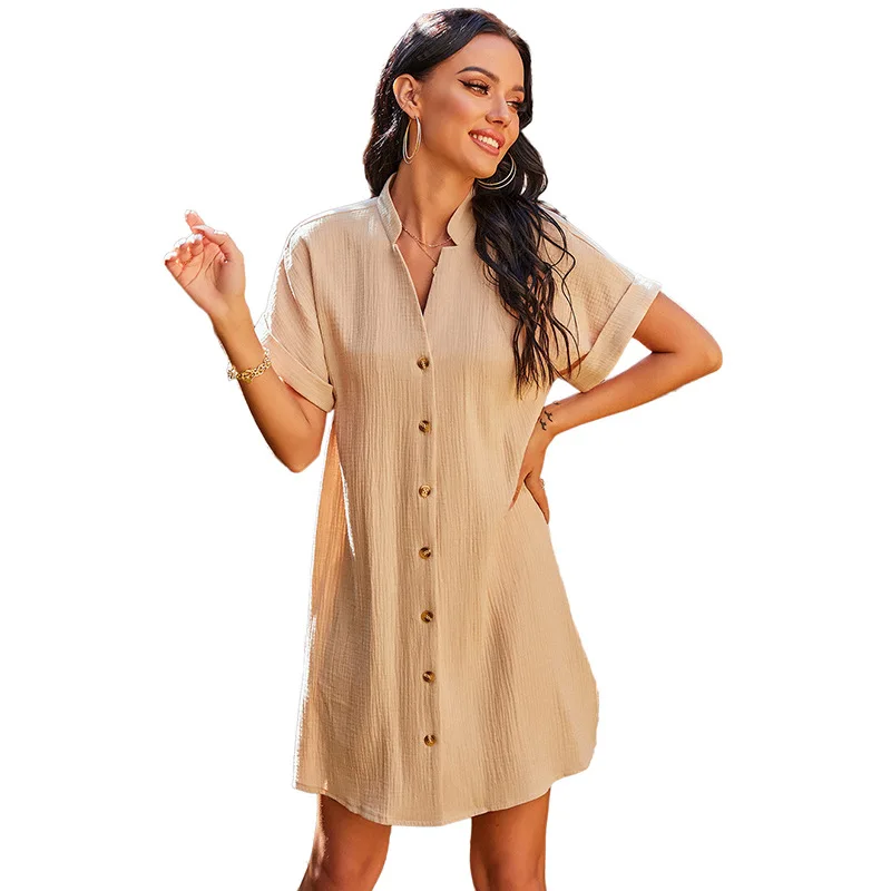 

Loose V-neck A-line Skirt Casual Single-breasted Mid-length Dress New Women's Solid Color Dresses Length Sleeve Style Material