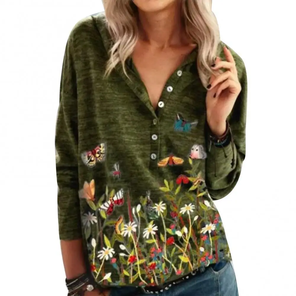 

80%HOT Women Butterfly Floral Print Blouse V Neck Long Sleeve Buttons Sweatshirt Hoodie
