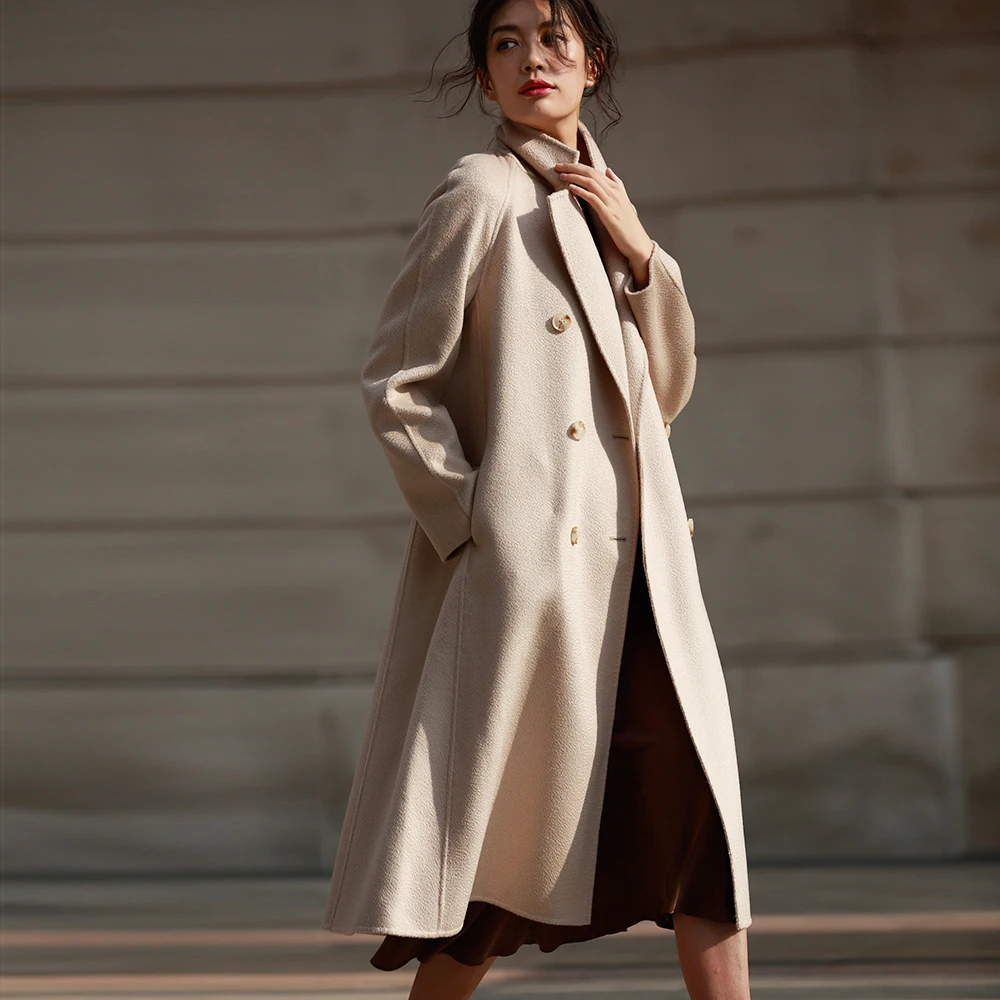 

NEW ARRIVAL 2019 autumn and winter classic double breasted a line with belt long wool coat women