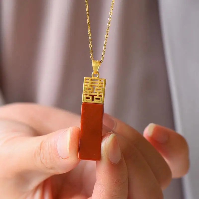 

Women's New Chinese Necklace S925 Silver Inlaid Southern Red Agate Lucky Pendant Pendant Vintage Double Happiness Clavicle Chain