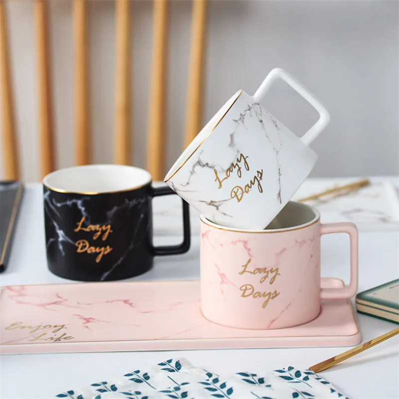 Marble Pattern Ceramic Coffee Mug with Dessert Snack Dish Set Phnom Penh Office Milk Tea Cup Tumbler Creative European Mugs Gift | Дом и сад