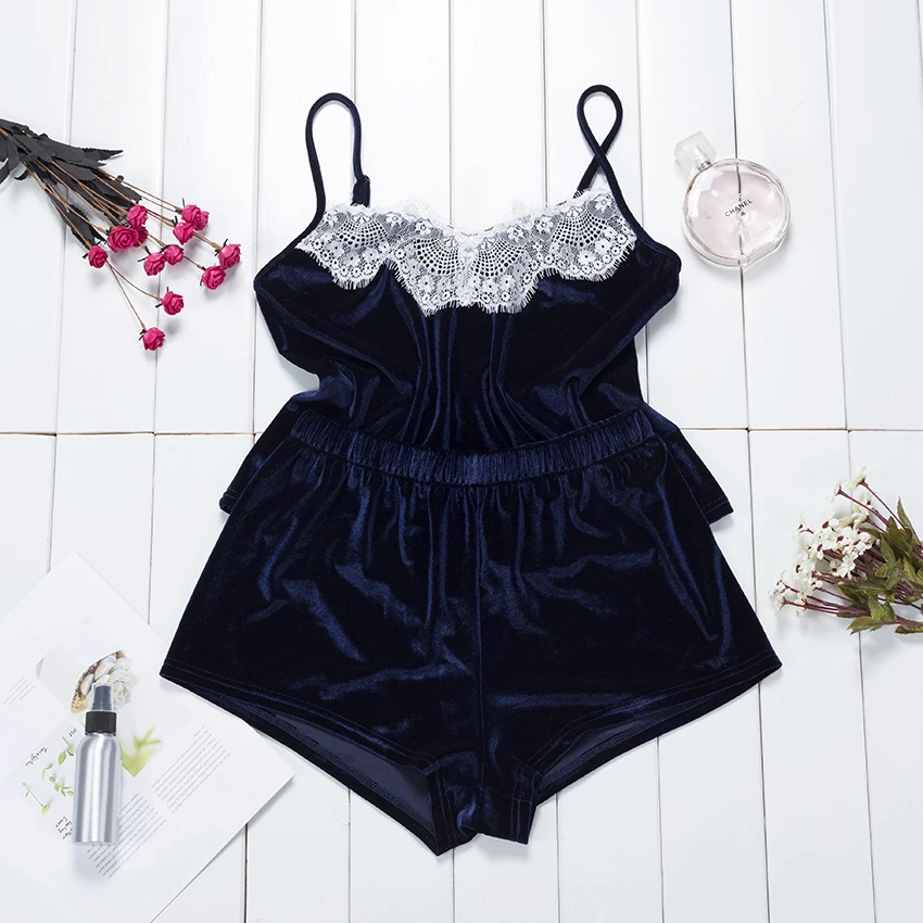 Suphis ресницы кружевной отделкой Cami Топ шорты пижамный комплект сексуальная