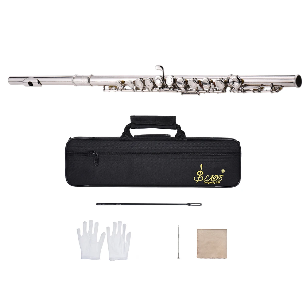 

16-Hole C Key Flute Set Western Concert Flute Cupronickel Woodwind Instrument with Cleaning Cloth Stick Glove Screwdriver