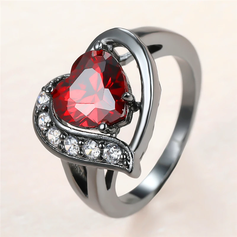 

Dainty Female Red Crystal Ring Charm 14KT Black Gold Wedding Rings For Women Vintage Bride Love Heart Zircon Engagement Ring