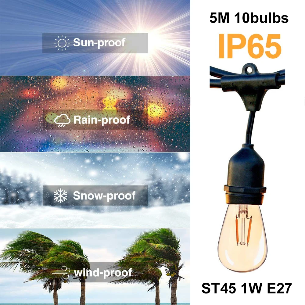 IP65 18FT 10bulbs G40 светодиодный светильник s 26Ft 25 шт. винтажный светодиодный светильник 1 Вт 2700 к IP45 водонепроницаемый внутренний наружный светильник для двора патио светильник s - Испускаемый цвет: IP65 18FT 10bulbs