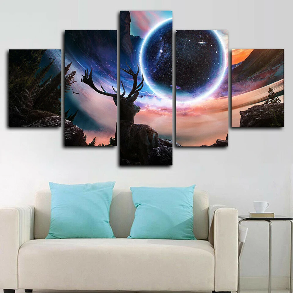 

5 Piece Canvas Wall Art Deer Planet Magical Universe Mountains Landscape Decoration Bedroom Modern Image Home Painting