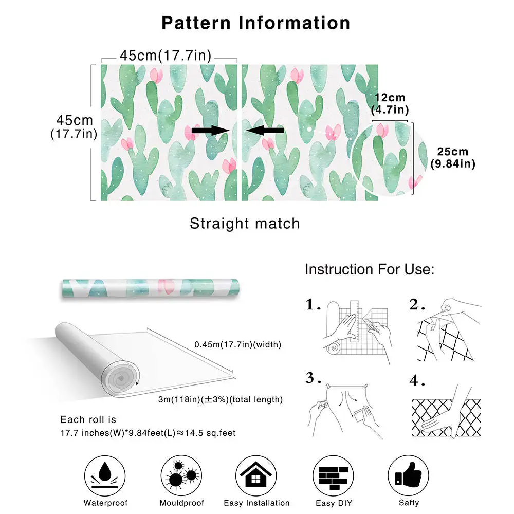 

Waterproof Cactus Peel And Stick Wallpaper Removable For Lockers Green/Pink Vinyl Self Adhesive Wallpaper Kidroom Home Decorate