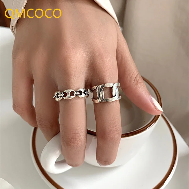 2021 Minimalist 925 Sterling Silver Wide Chain Ring Fashion Creative Geometric Vintage Punk Jewelry Party Gifts