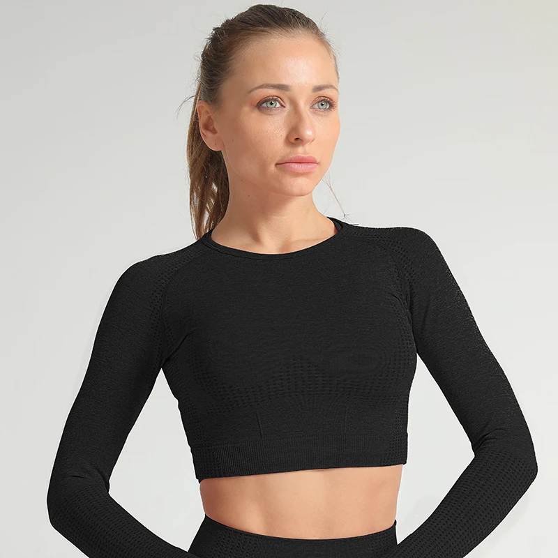 BlackArachnia Women Sport Top Solid Color Gym Shirt Seamless Long Sleeve Top Mujer Yoga Top Running Female T-Shirt Sports Top - Цвет: NS6023 CX Black