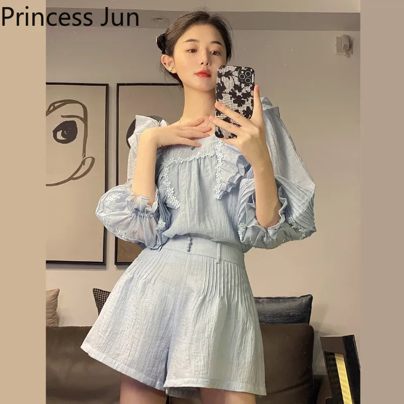 

Summer Fashion Women Two Piece Sets Square Collar Ruffled Doll Shirt+High Waist Wide Leg Shorts Sets Holiday 2pc Suits Outfits
