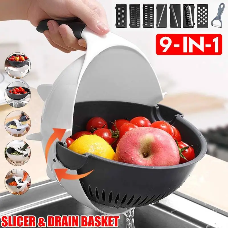 

Double-Layer 9 In 1 Vegetables Cutter Shredder Grater Slicer With Drain Basket Rice Bowl Fruit Washing Drainer Strainer Kitchen