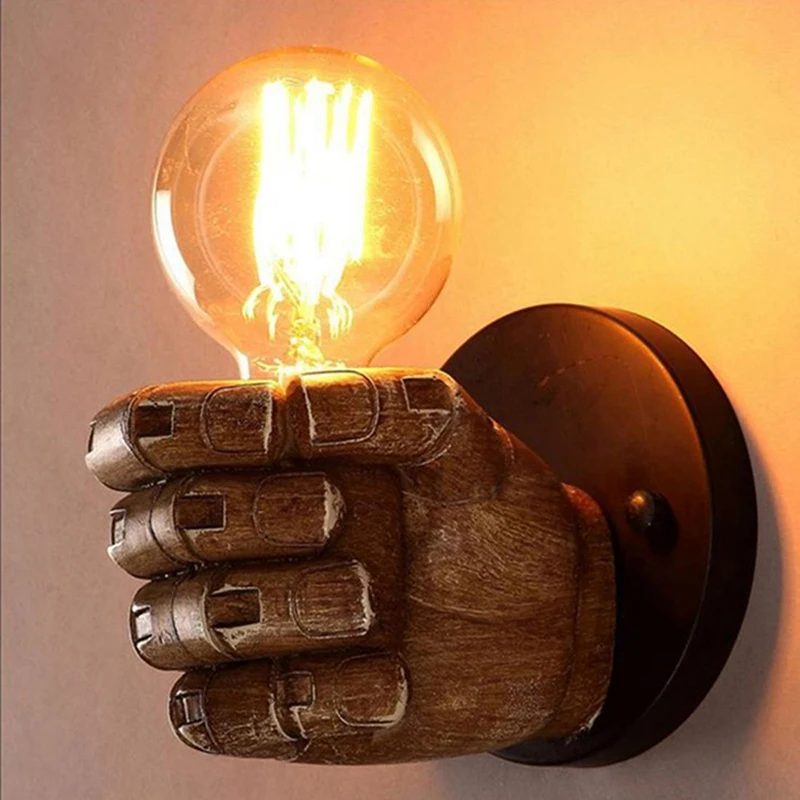 

2PCS Retro Right Hand Fist Resin Wall Lamp with Black Loft Antique Iron Simple Antlers Wall Lamp