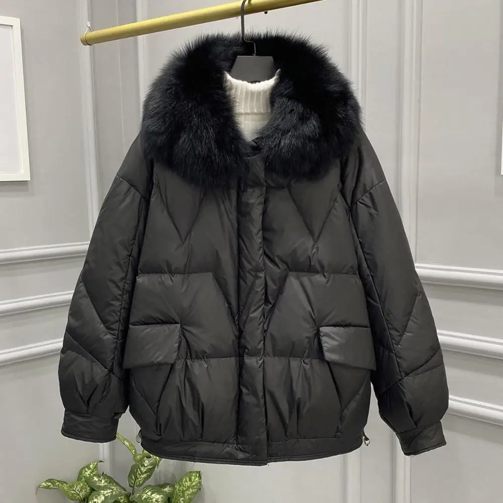 

Winter Women Thick Warm Large Natural Fur Collar Hooded Down Coat 90% White Duck Down Parka Loose Lady Snow Outwear