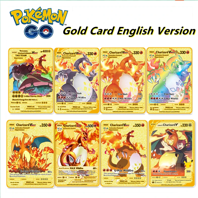 

NEW Pokemon Cards Metal DIY Card Pikachu Charizard Golden Limited Edition Kids Gift Game Collection Cards