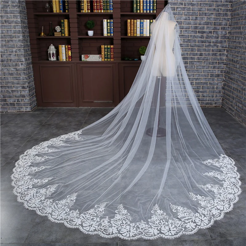 

Женская кружевная свадебная фата, однослойная Фата с аппликацией для невесты, длиной 3 метра, 2020