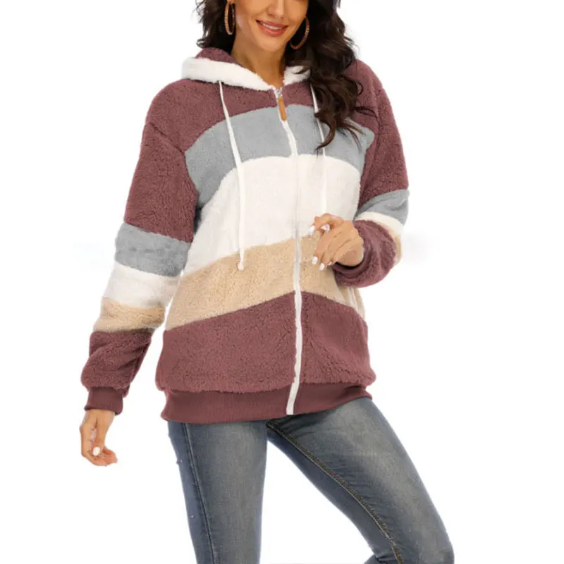 

Winter Women Jacket Fashion Plush Patchwork Zipper Pocket Winter Hooded Jacket Retro Loose Long Sleeve Plus Size Women Top Coat
