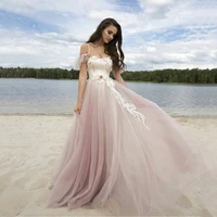 uzn chic a line lace and tulle beach wedding dress off the shoulder ruffle sleeves appliques straps bridal gowns lace up back