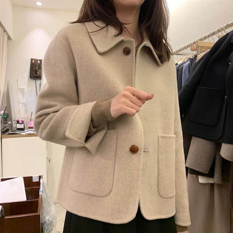 

Korea Chic 2021 Autumn Winter New Lapel Comfortable Single Breasted Long Sleeve Women's Loose Short Woolen Coat X976