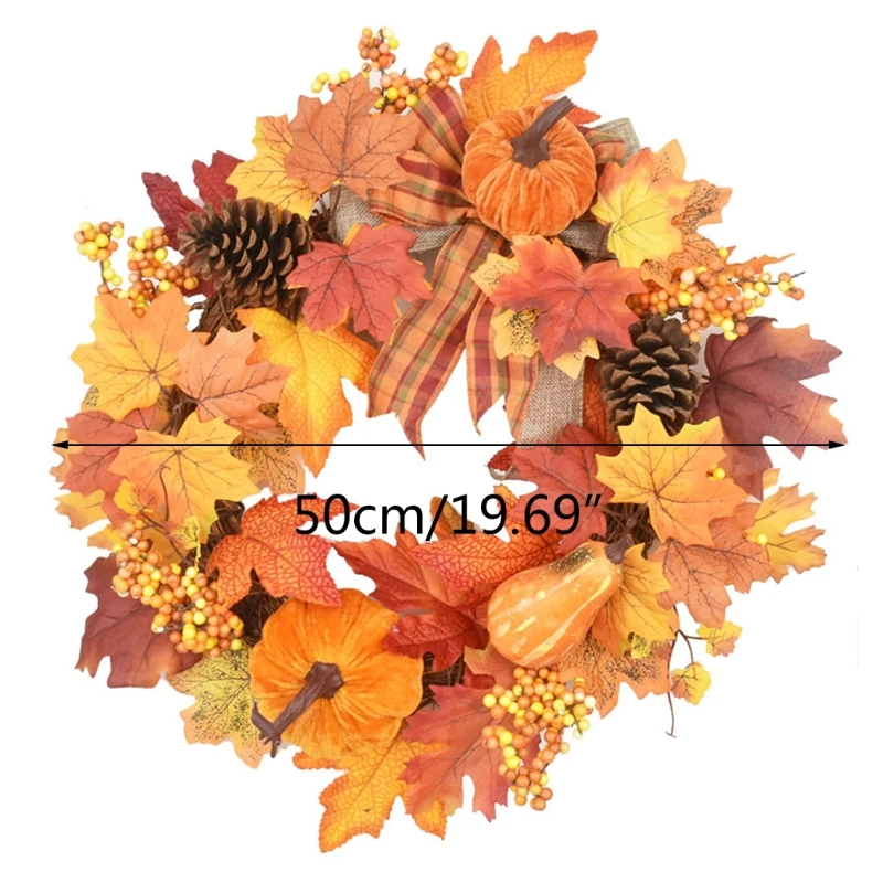 

20 Inch Autumn Wreath Artificial Maple Leaf Berries Pumpkin Fall Garland Hanging Ornaments Halloween Thanksgiving Home Decor
