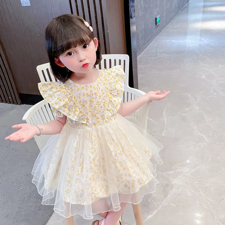 

Summer 2021 New Fashion Baby girls short sleeve Floral Dress Mesh Patchwork Casual Kids Petal Sleeve Clothes