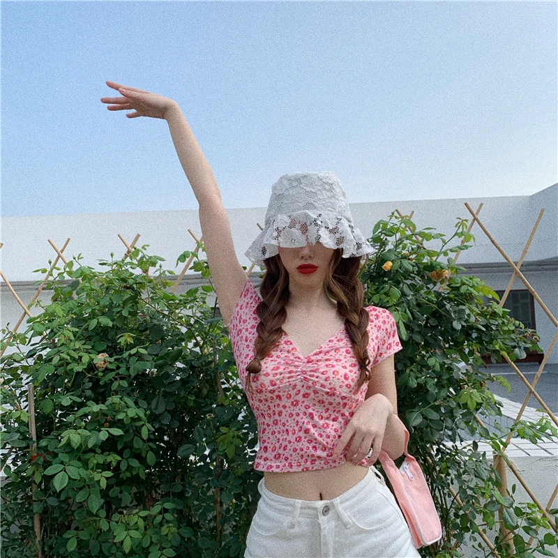 

Summer New T Shirt Women V Neck Skinny Thin Short Sleeve Short Tops Female Shirring Floral Simple Basic Casual Tee T-Shirt Femme