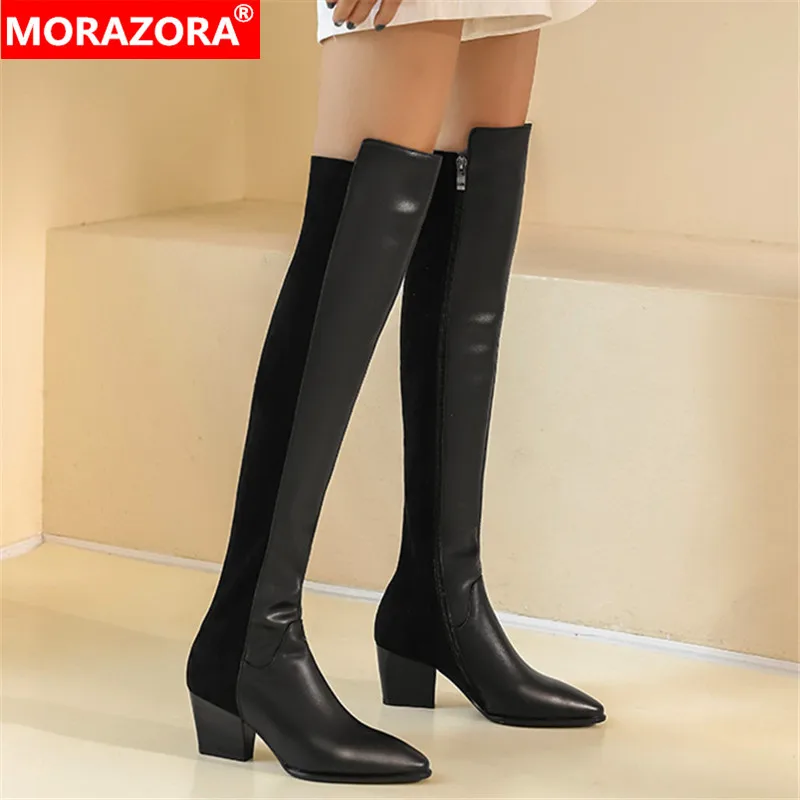 

MORAZORA 2021 Hot Sale Over The Knee Boots Women Shoes Pointed Toe Genuine Leather +Pu Flock Zip Thick Heels Stretch Boots Women